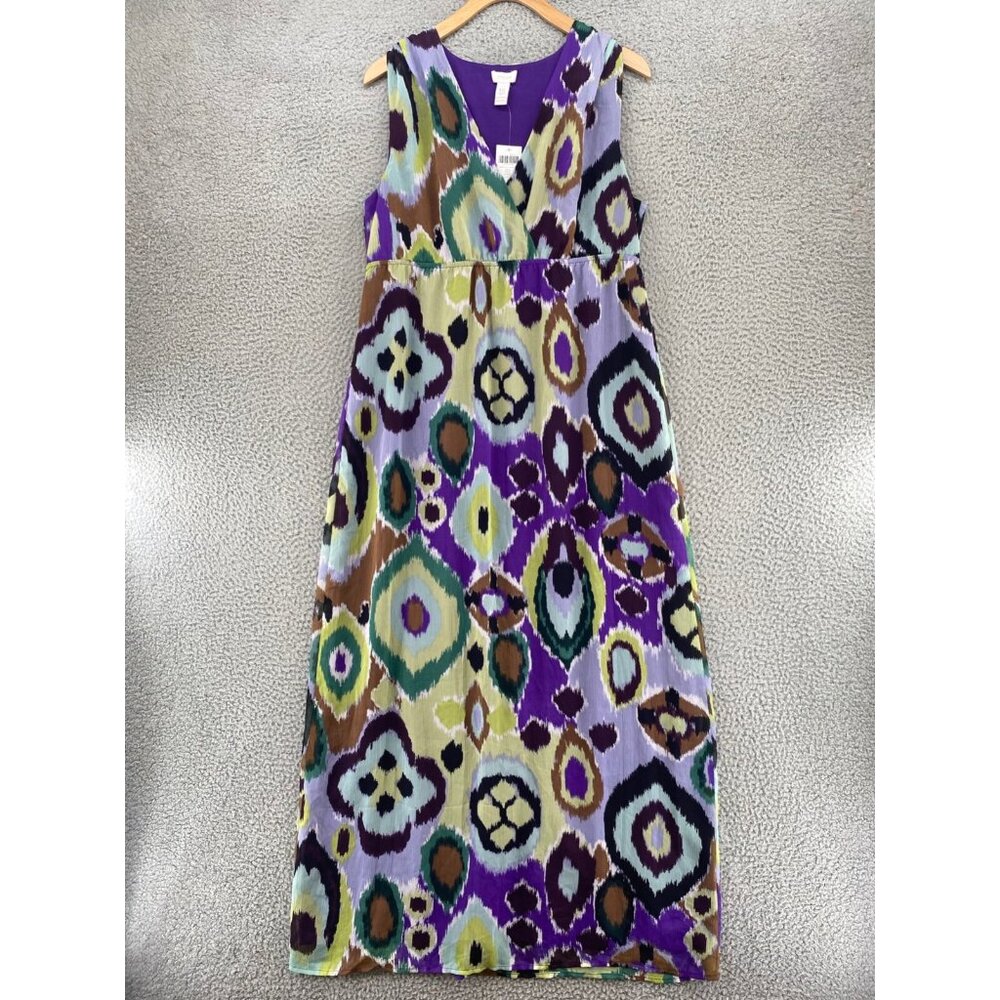 Chicos Dress Womens 1.5 US 10 Chelsi Purple Multi Pattern Crinkle Chiffon Maxi